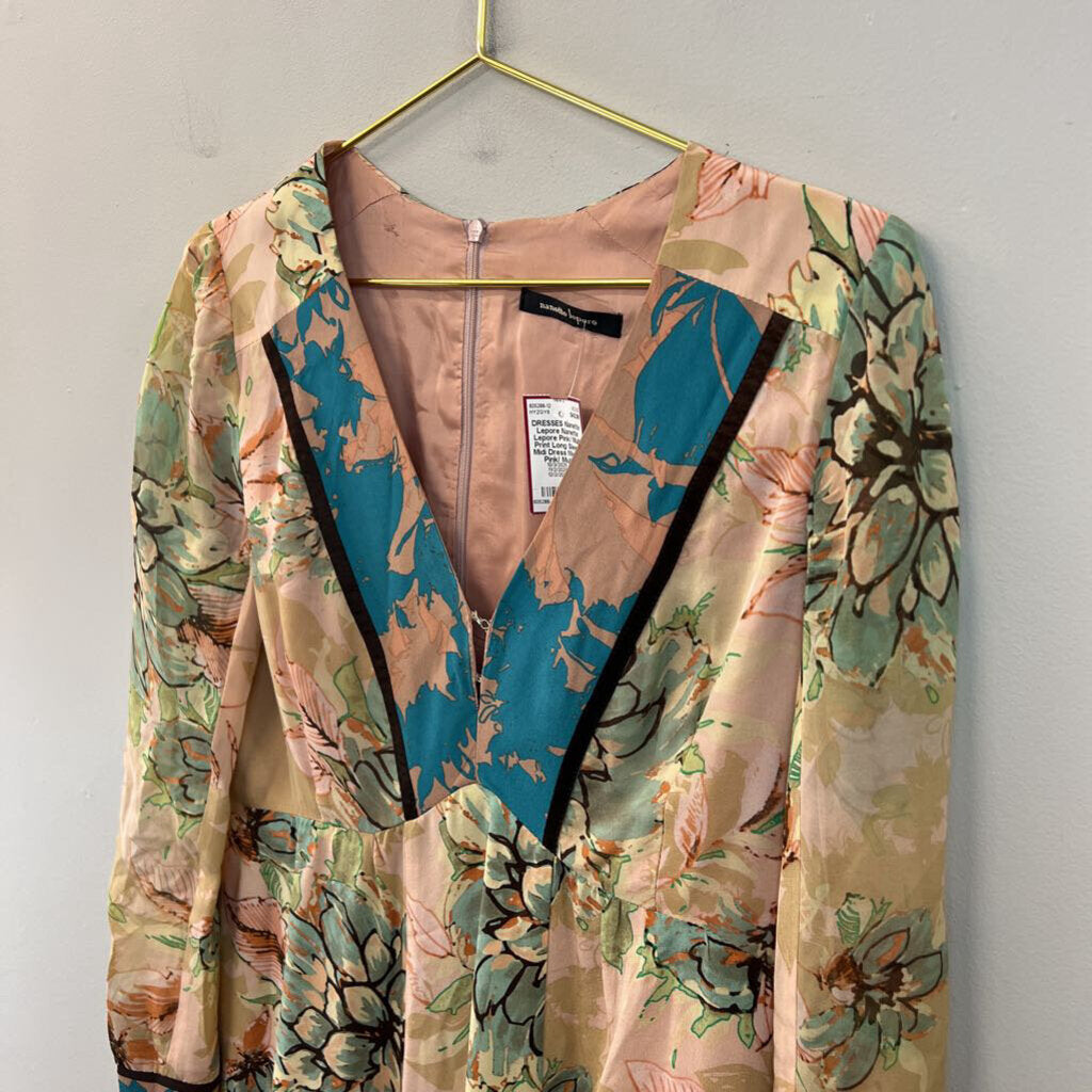 Nanette Lepore Pink/ Multi Print Long Sleeve Midi Dress Medium