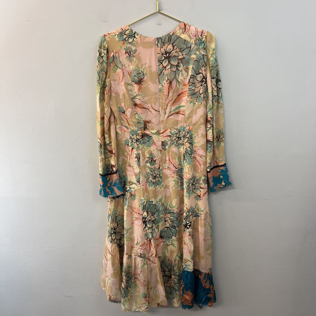 Nanette Lepore Pink/ Multi Print Long Sleeve Midi Dress Medium