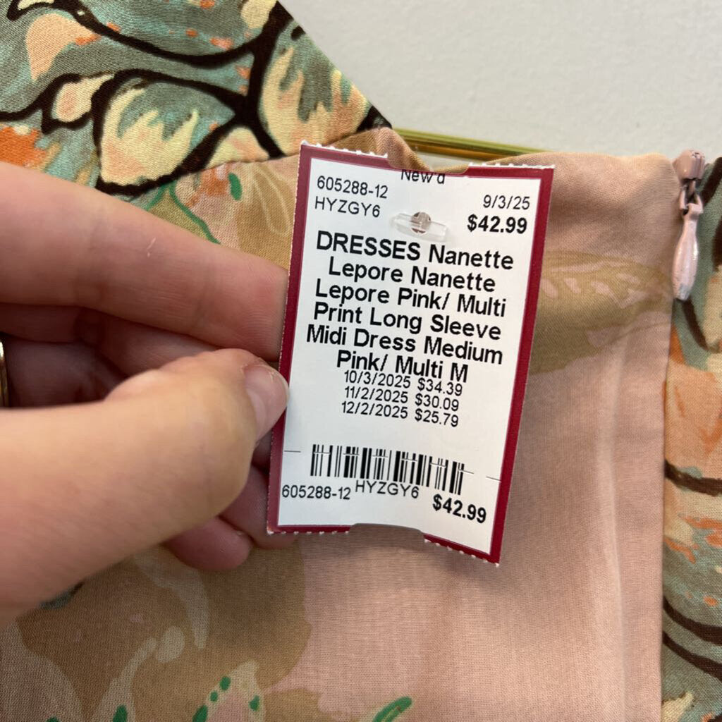 Nanette Lepore Pink/ Multi Print Long Sleeve Midi Dress Medium