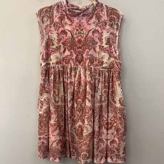 Free People Beige/ Pink Velvet Print Mock Neck Short Sleeve Baby Doll Dress Medium