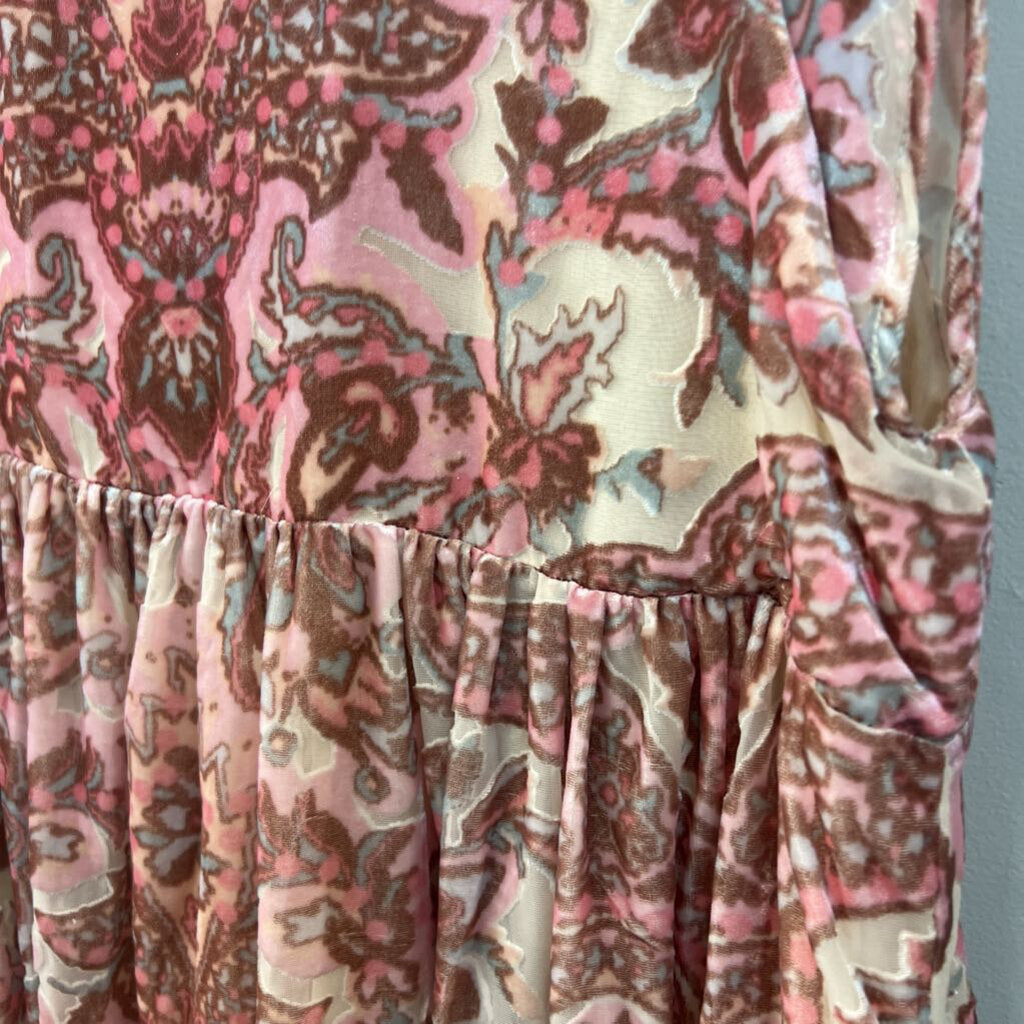 Free People Beige/ Pink Velvet Print Mock Neck Short Sleeve Baby Doll Dress Medium