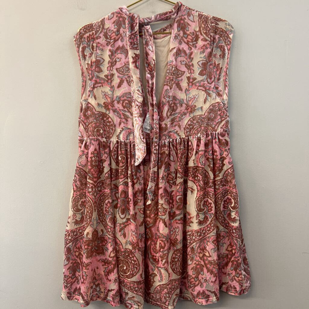 Free People Beige/ Pink Velvet Print Mock Neck Short Sleeve Baby Doll Dress Medium