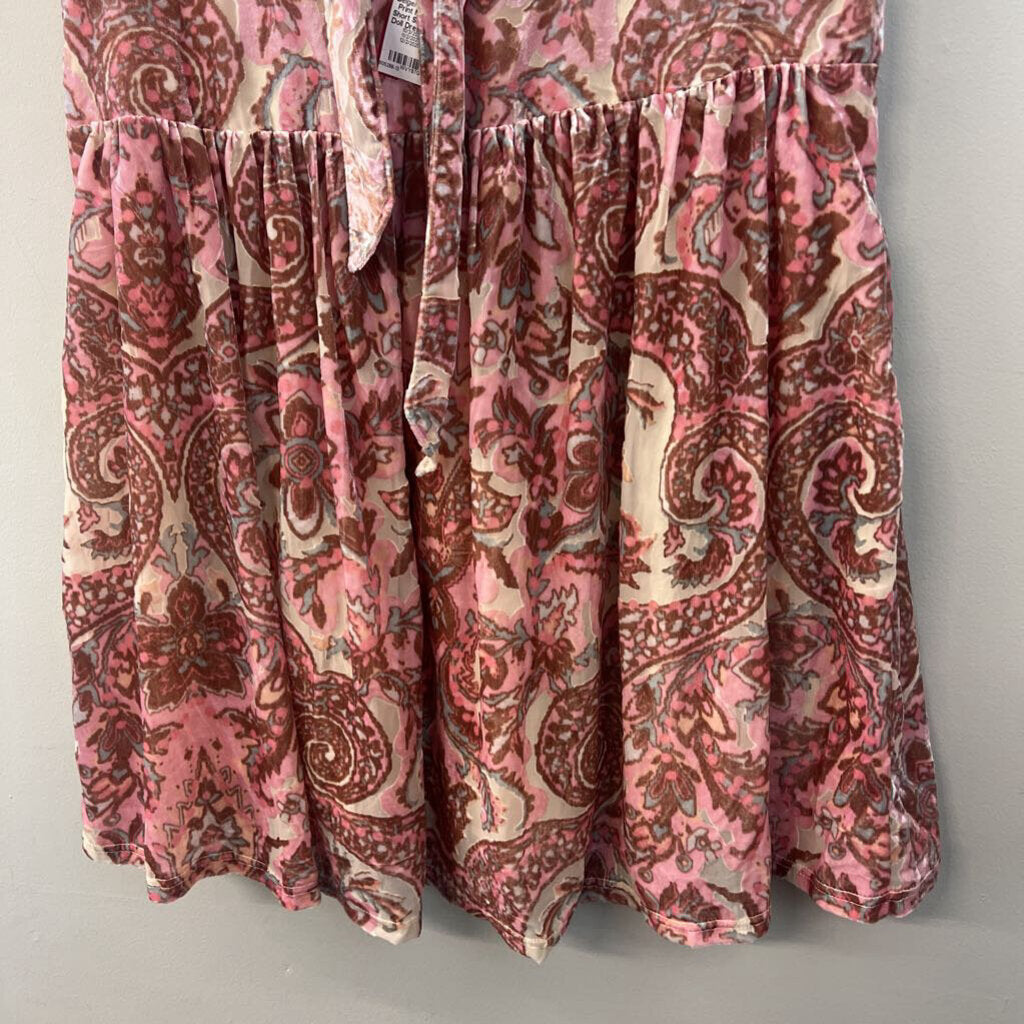 Free People Beige/ Pink Velvet Print Mock Neck Short Sleeve Baby Doll Dress Medium