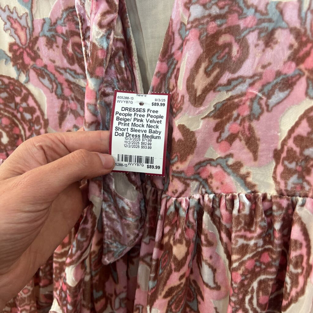 Free People Beige/ Pink Velvet Print Mock Neck Short Sleeve Baby Doll Dress Medium