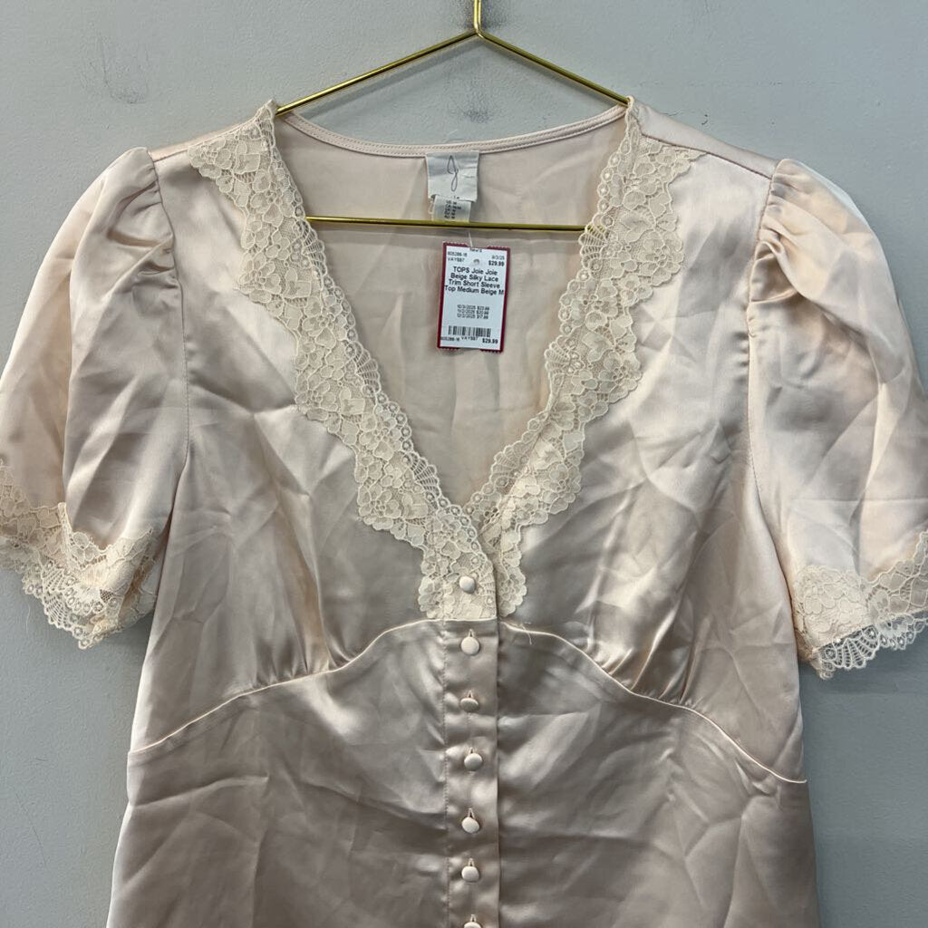 Joie Beige Silky Lace Trim Short Sleeve Top Medium
