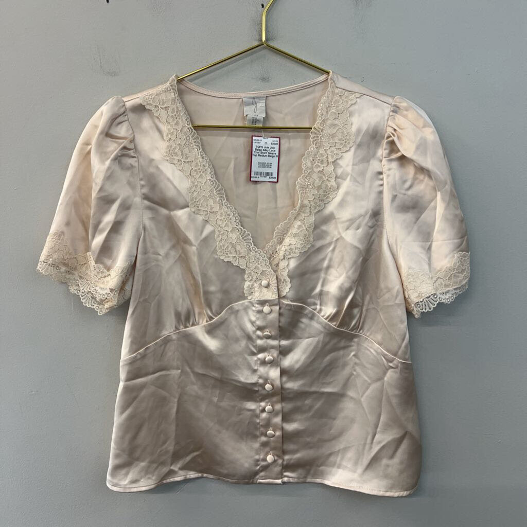 Joie Beige Silky Lace Trim Short Sleeve Top Medium