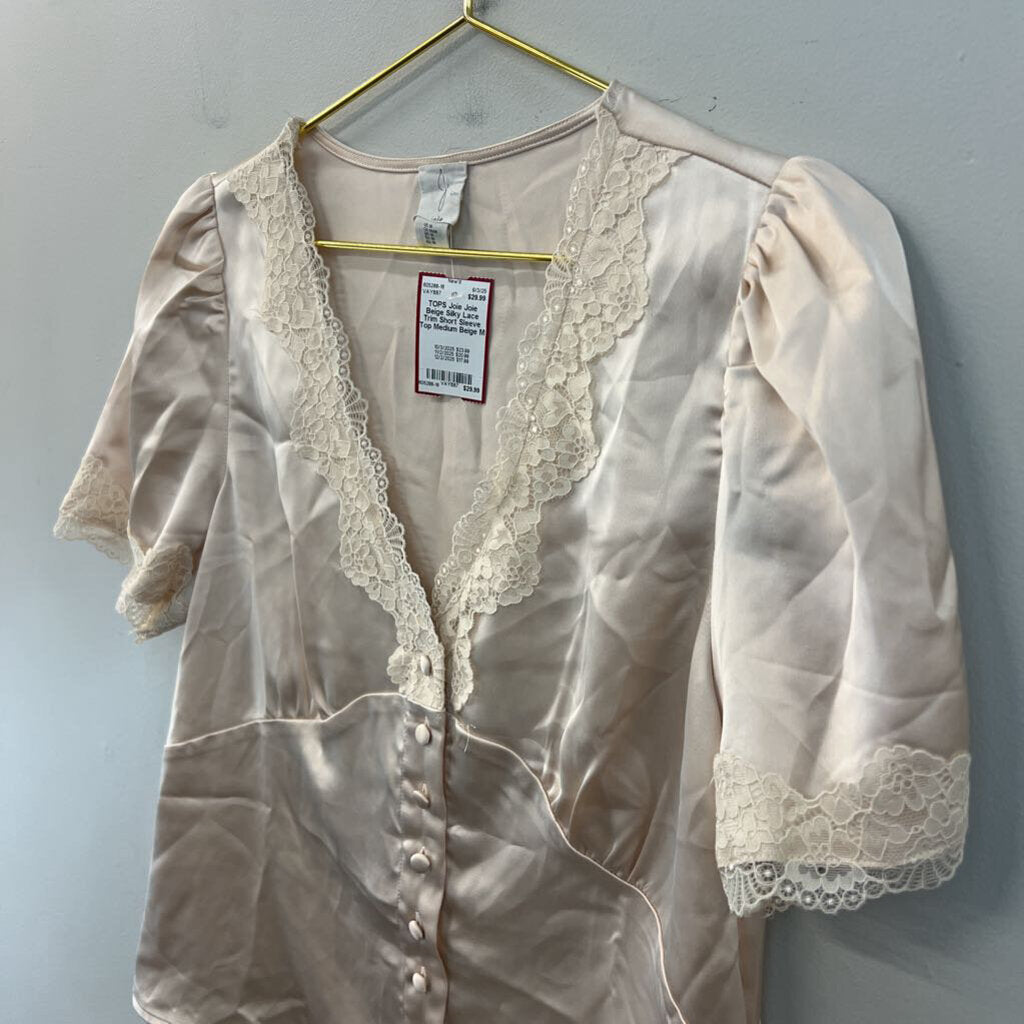 Joie Beige Silky Lace Trim Short Sleeve Top Medium
