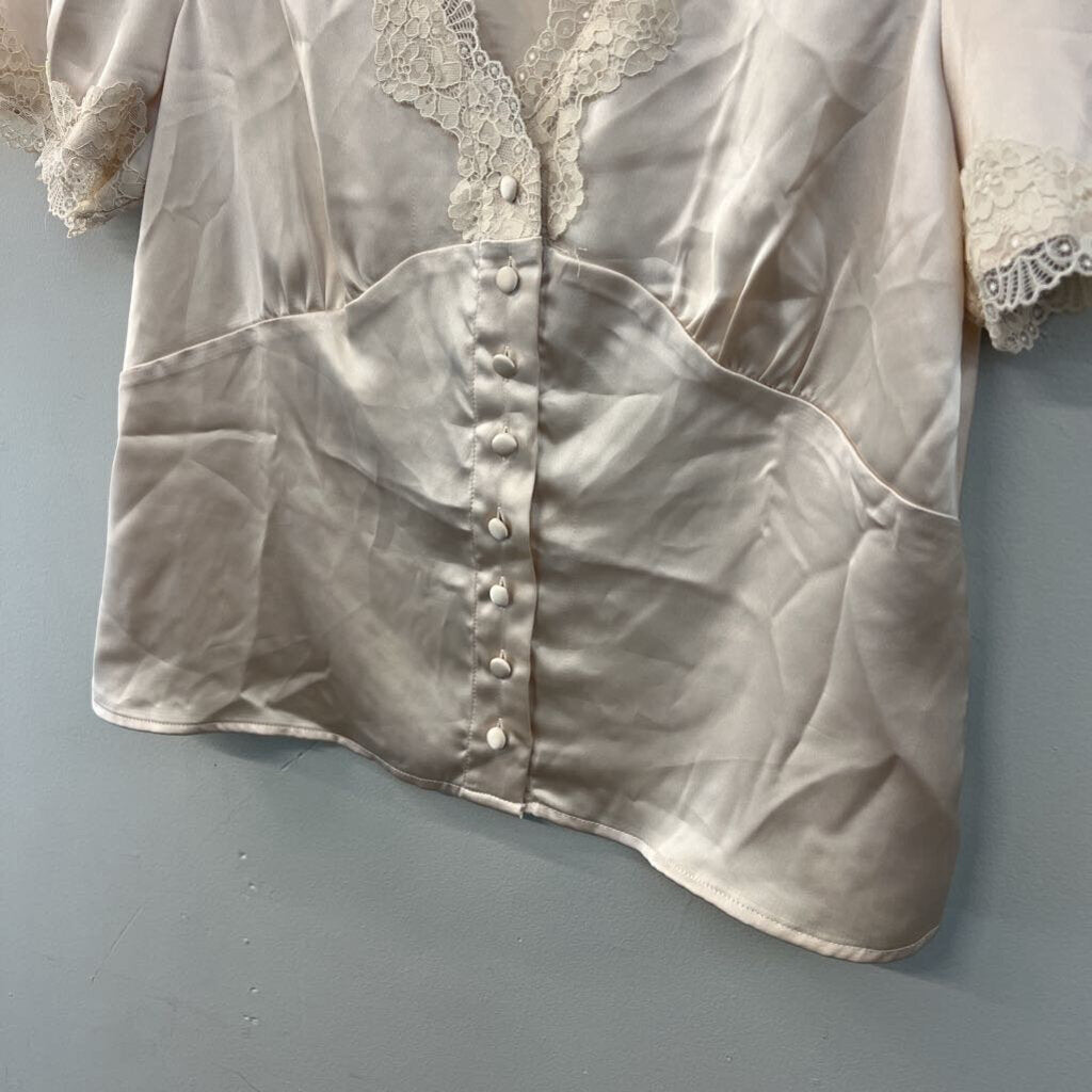 Joie Beige Silky Lace Trim Short Sleeve Top Medium