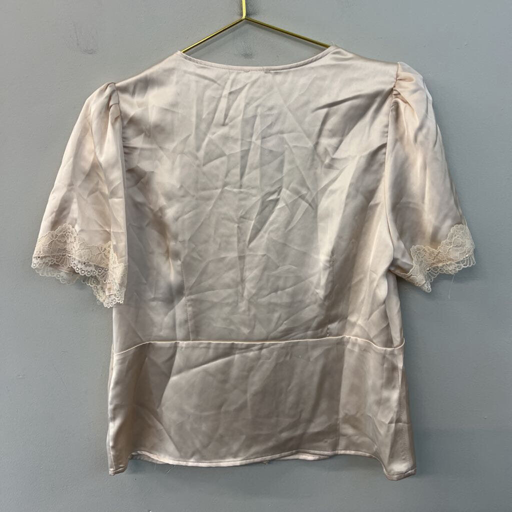 Joie Beige Silky Lace Trim Short Sleeve Top Medium