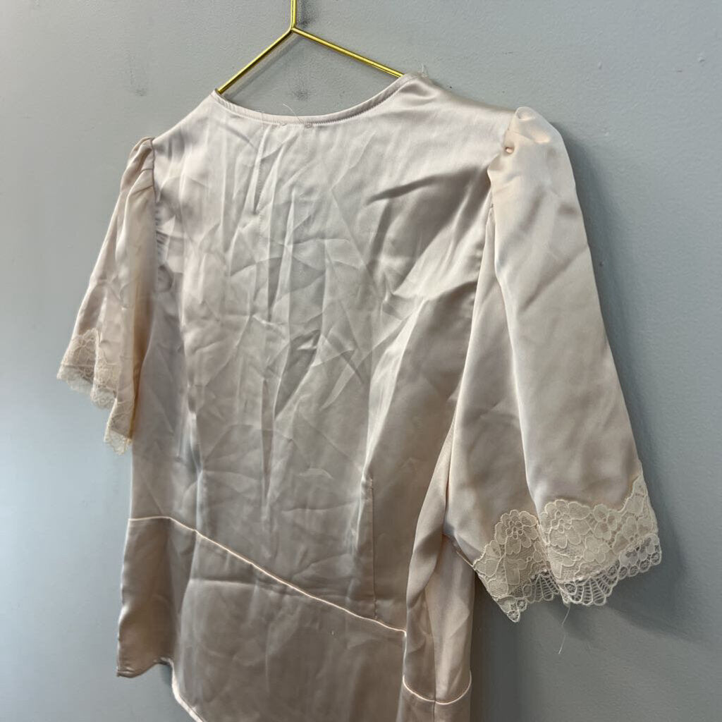 Joie Beige Silky Lace Trim Short Sleeve Top Medium