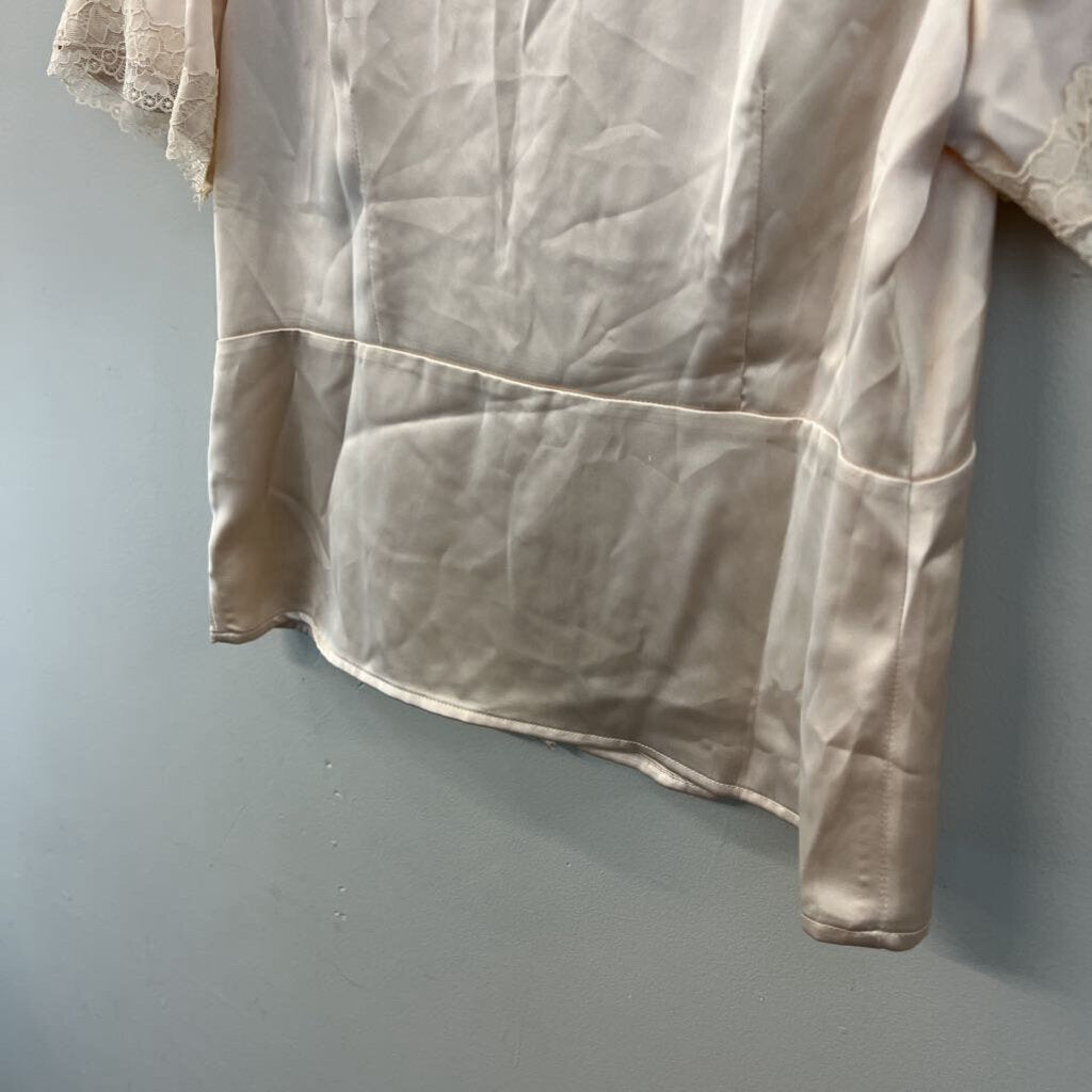 Joie Beige Silky Lace Trim Short Sleeve Top Medium