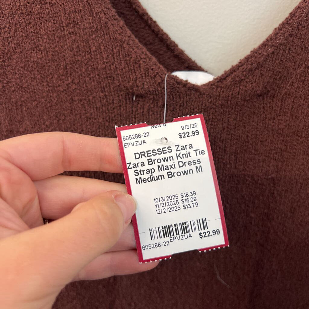 Zara Brown Knit Tie Strap Maxi Dress Medium
