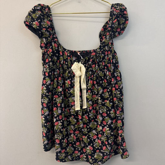 Free People Black/ Multi Print Corduroy Short Puff Sleeve Baby Doll Dress Small