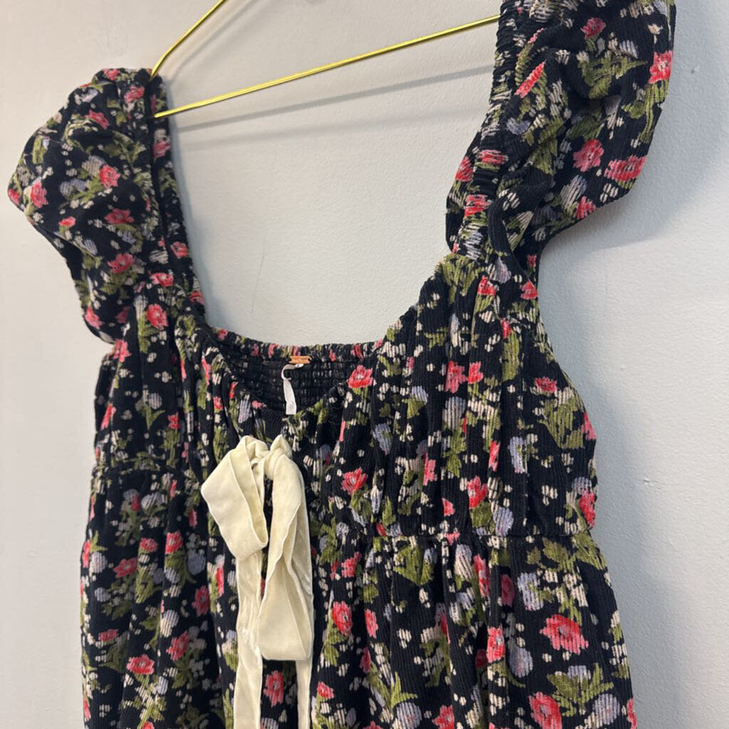 Free People Black/ Multi Print Corduroy Short Puff Sleeve Baby Doll Dress Small