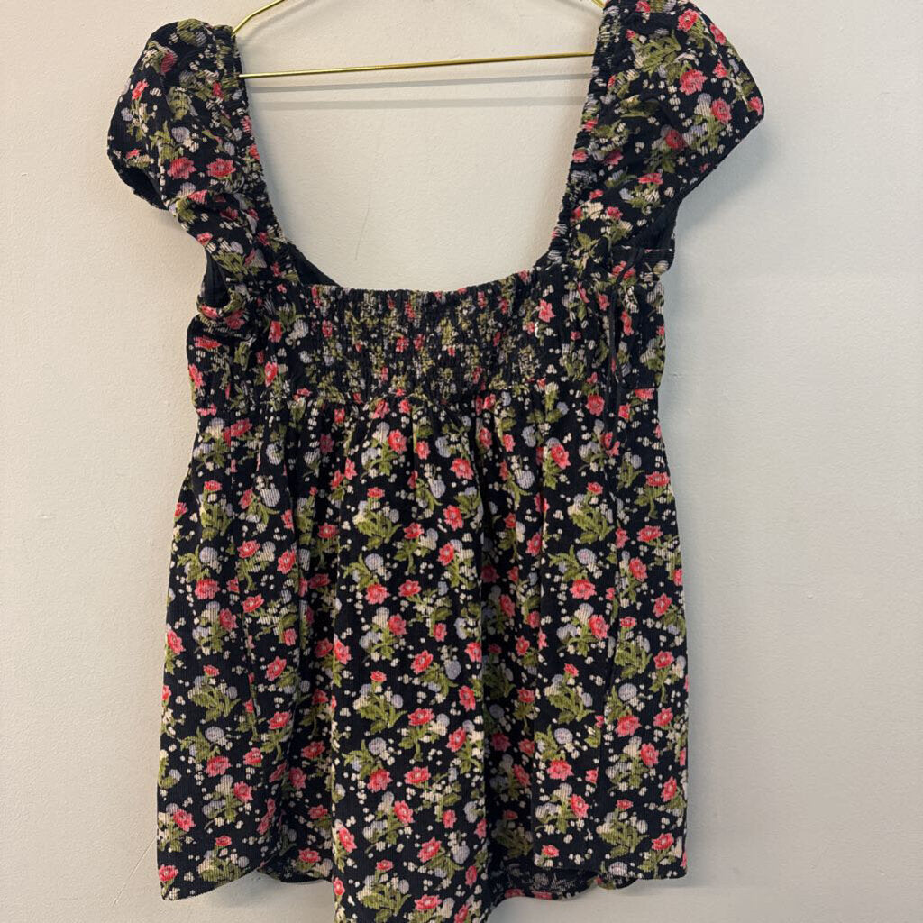 Free People Black/ Multi Print Corduroy Short Puff Sleeve Baby Doll Dress Small