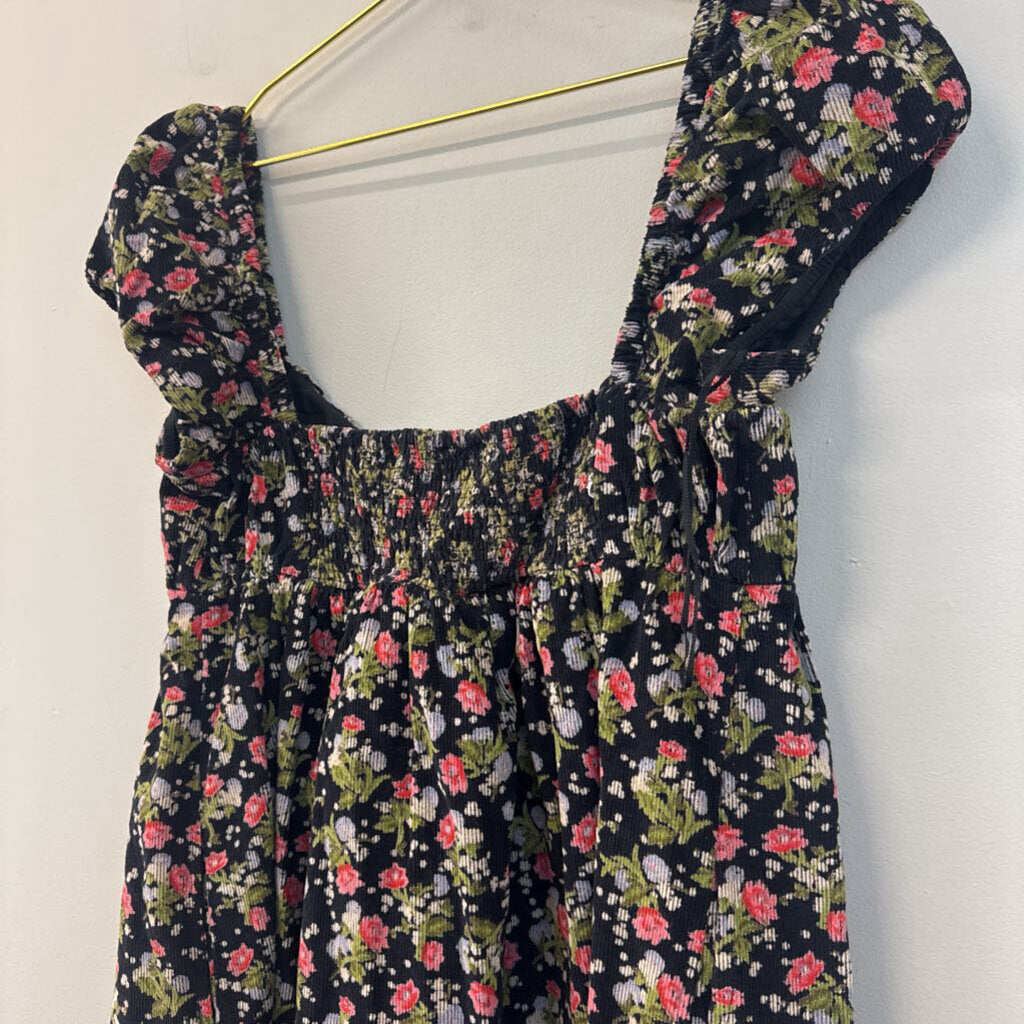 Free People Black/ Multi Print Corduroy Short Puff Sleeve Baby Doll Dress Small