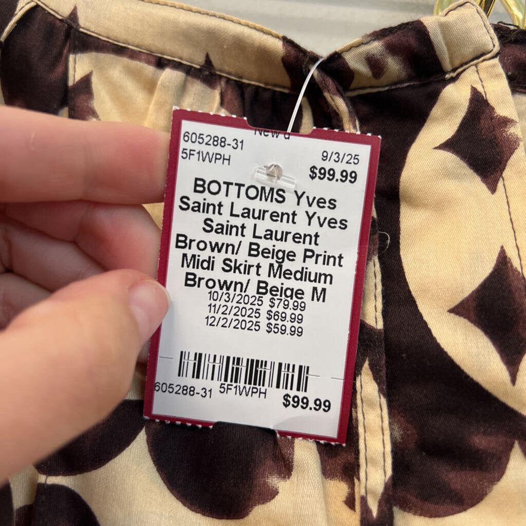 Yves Saint Laurent Brown/ Beige Print Midi Skirt Medium