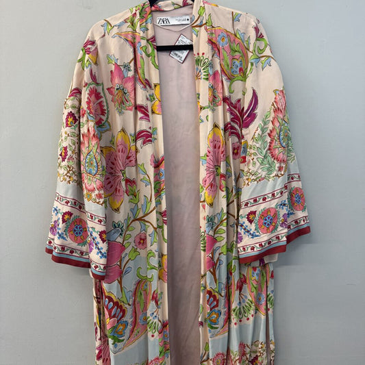 Zara Pink/ Multi Print Silky Long Sleeve Tie Waist Duster Small