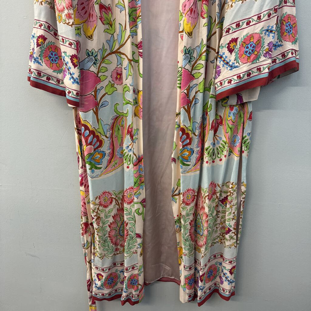 Zara Pink/ Multi Print Silky Long Sleeve Tie Waist Duster Small