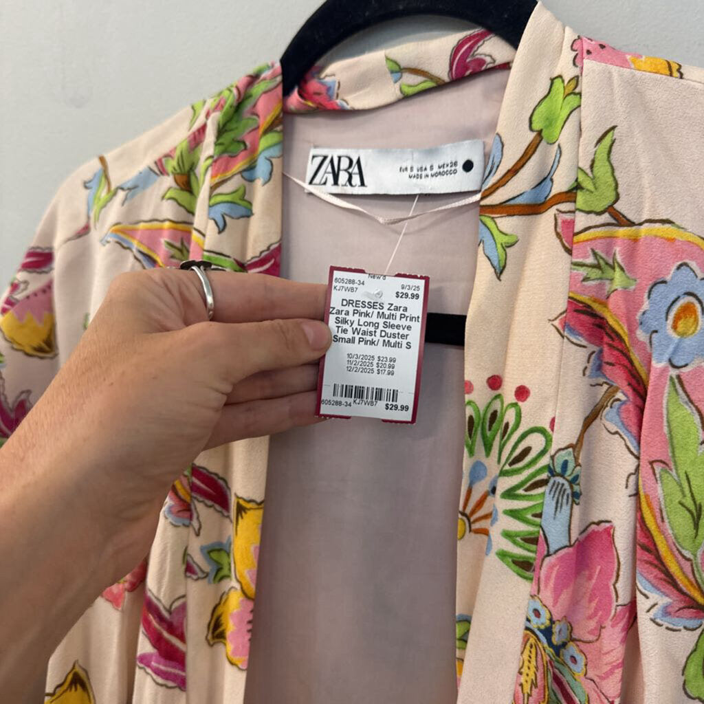 Zara Pink/ Multi Print Silky Long Sleeve Tie Waist Duster Small