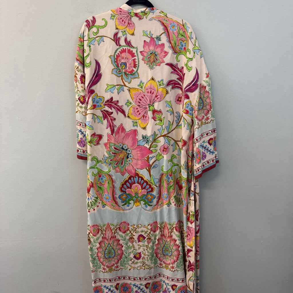 Zara Pink/ Multi Print Silky Long Sleeve Tie Waist Duster Small