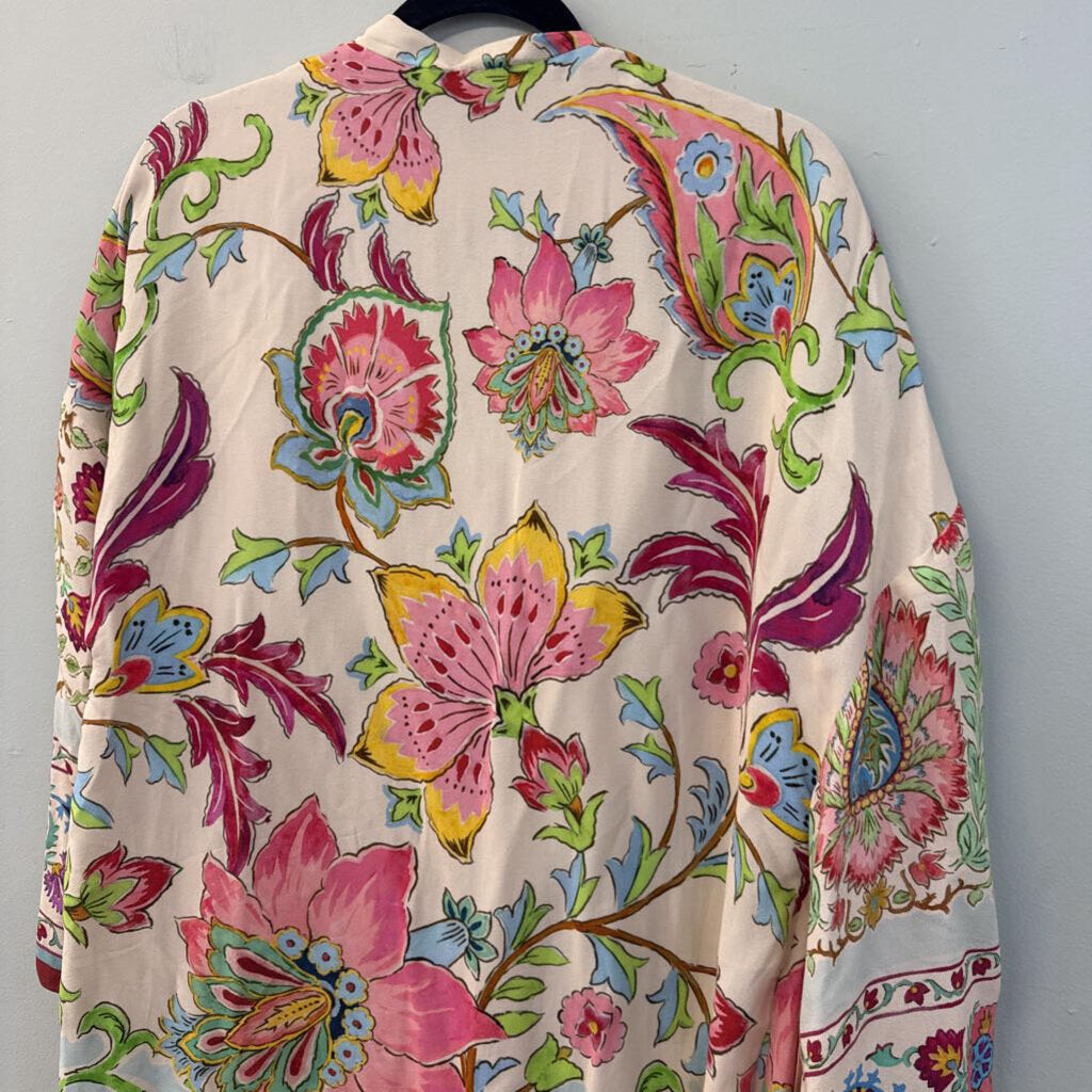 Zara Pink/ Multi Print Silky Long Sleeve Tie Waist Duster Small