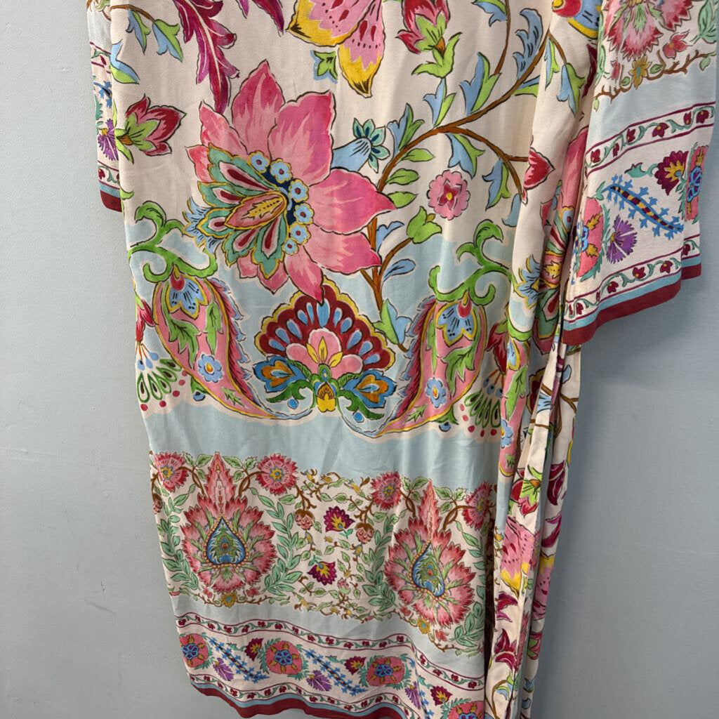 Zara Pink/ Multi Print Silky Long Sleeve Tie Waist Duster Small