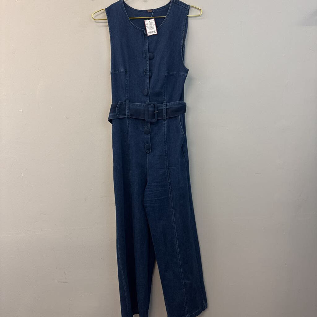 Free People Dark Wash Sleeveless Tie Waist Denim Jumpsuit Small