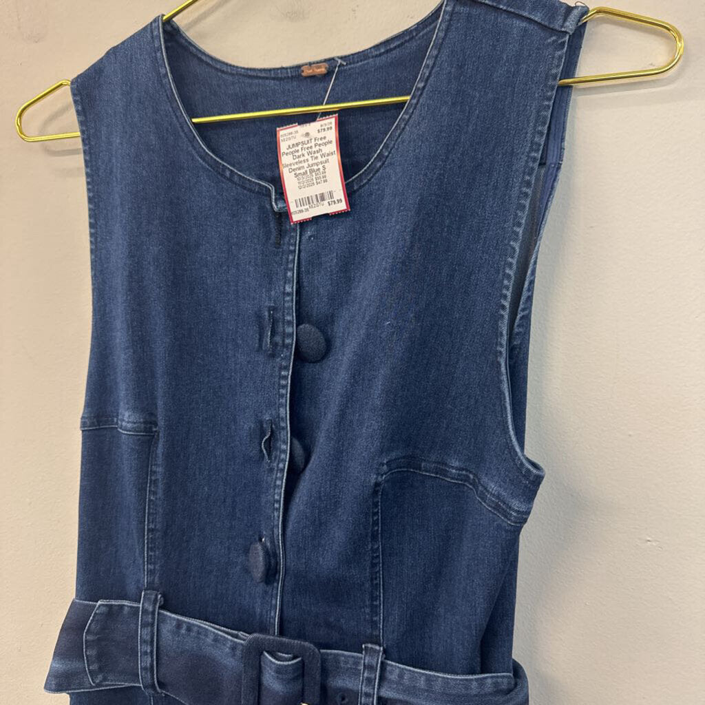 Free People Dark Wash Sleeveless Tie Waist Denim Jumpsuit Small