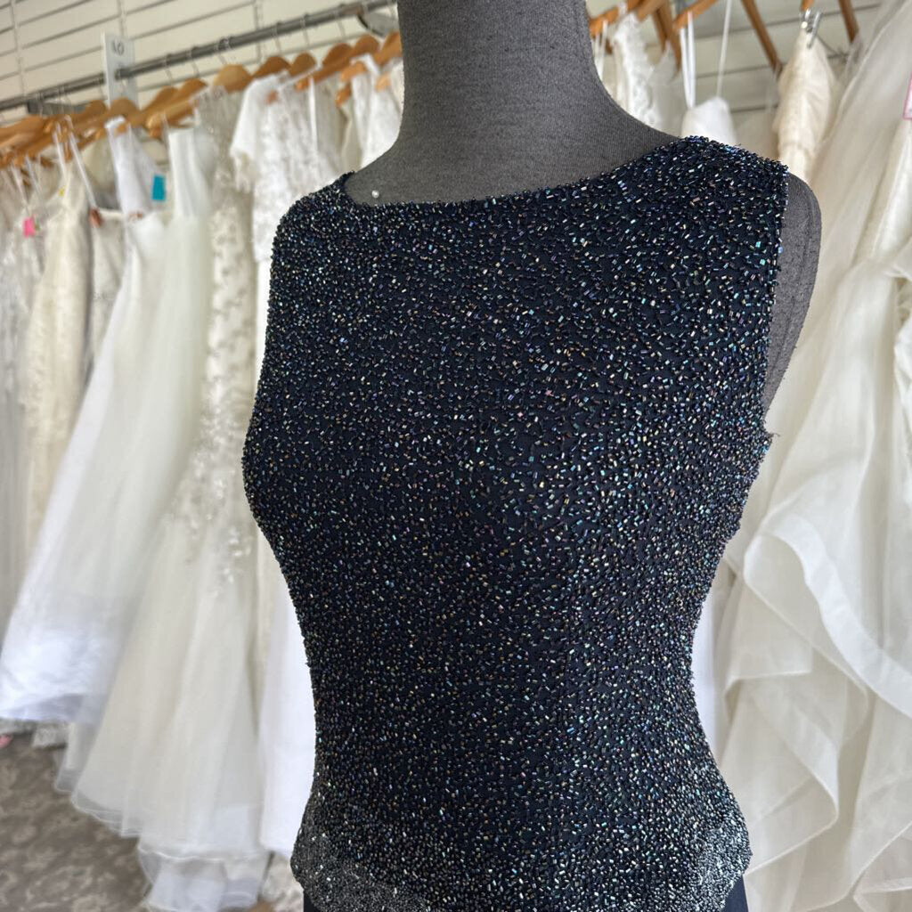 Jkara Navy Beaded Top Long Formal Dress 14