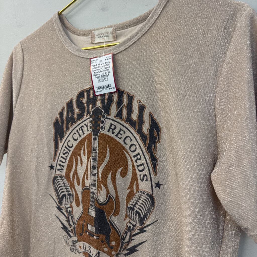 Altar'd State Gold Shimmer Cropped Nashville Short Sleeve Top Extra Small