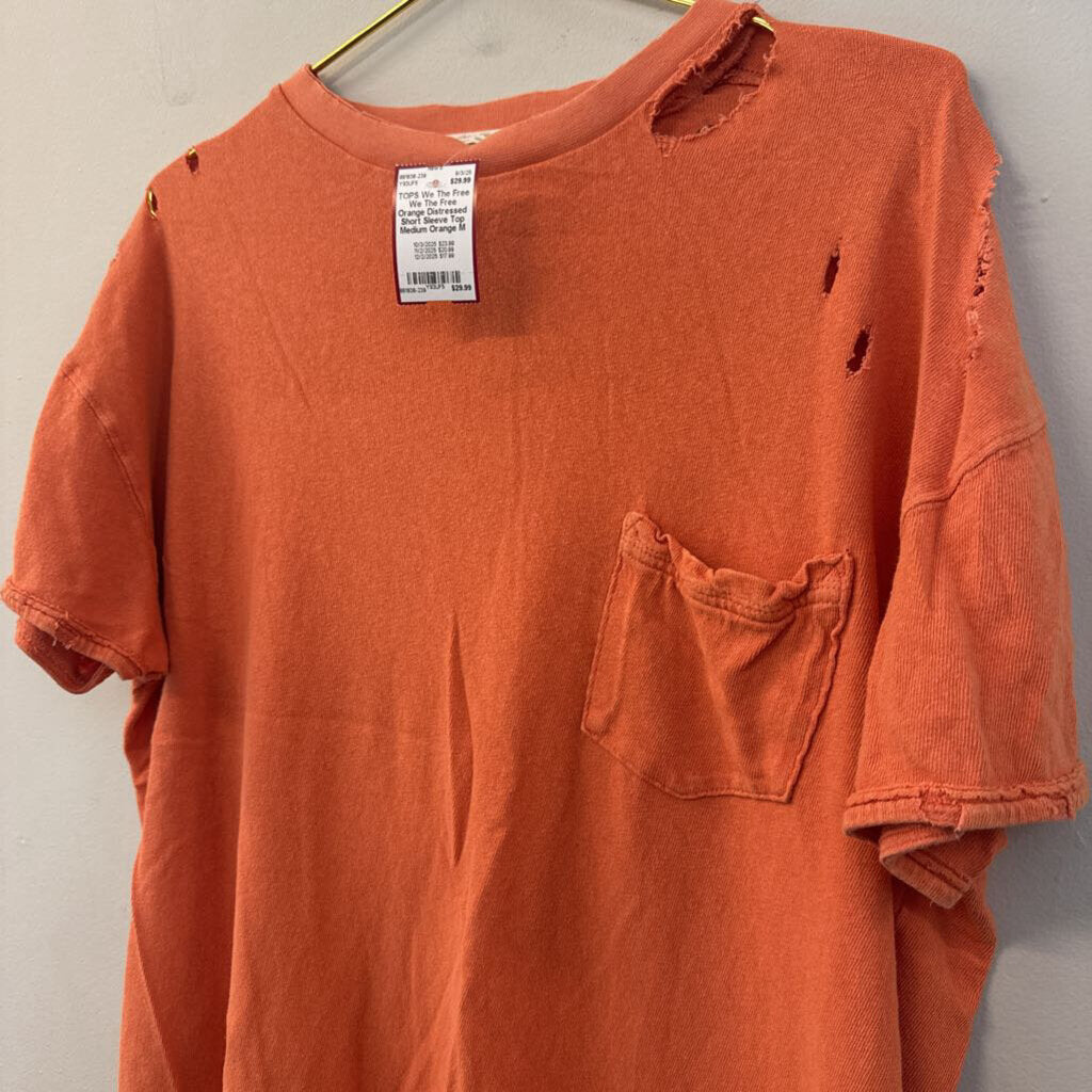 We The Free Orange Distressed Short Sleeve Top Medium