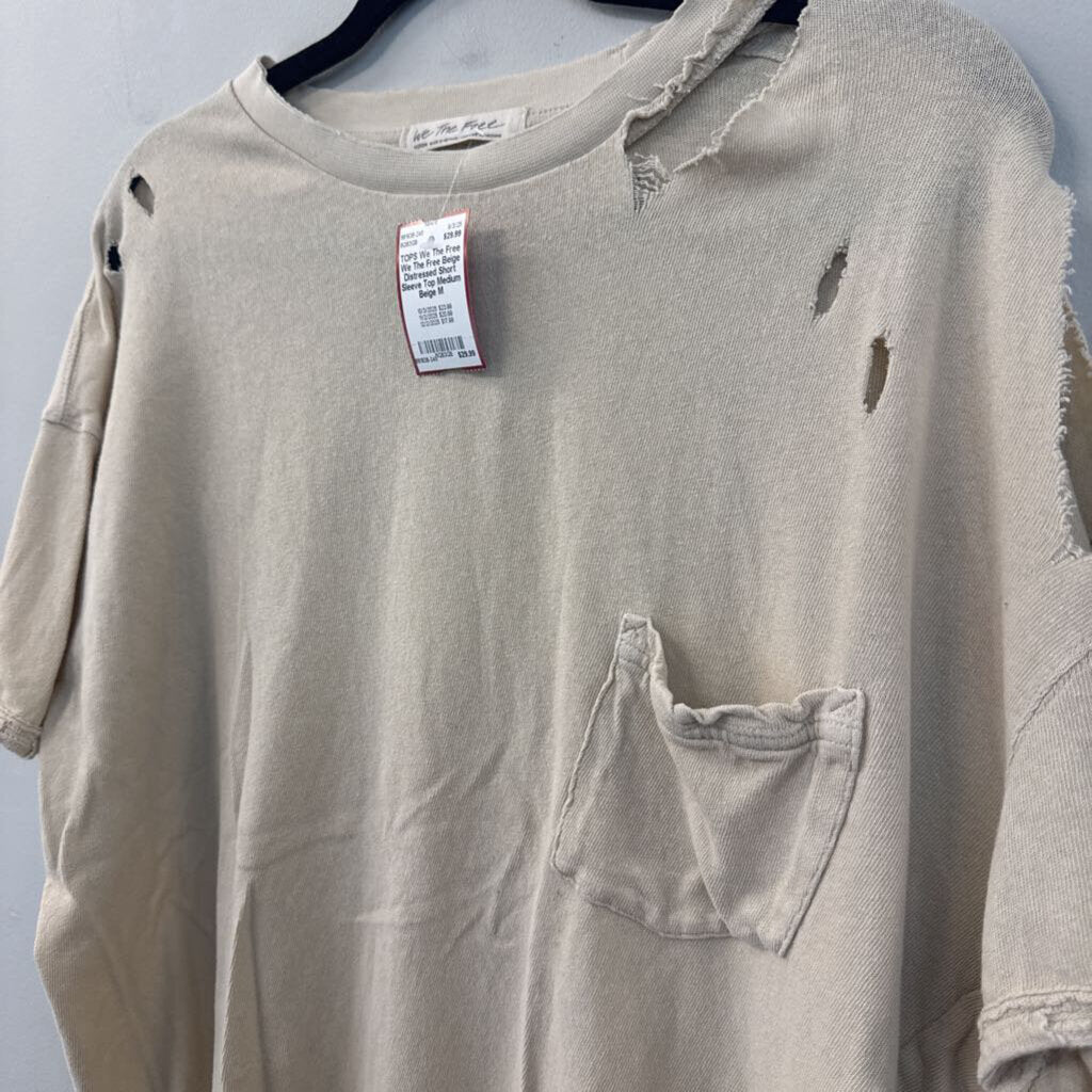 We The Free Beige Distressed Short Sleeve Top Medium