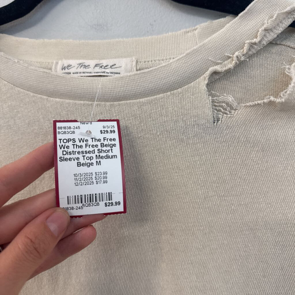 We The Free Beige Distressed Short Sleeve Top Medium