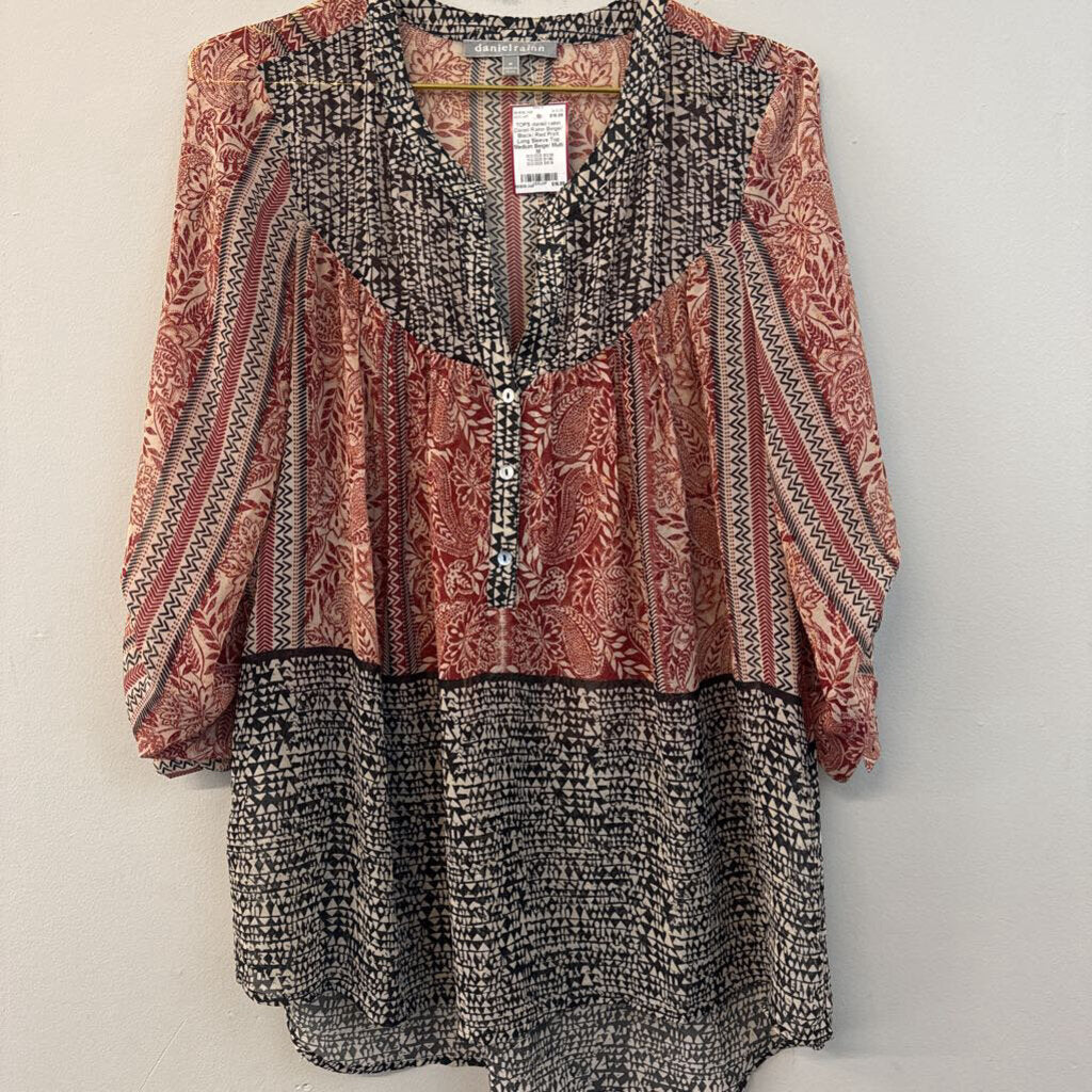 Daniel Rainn Beige/ Black/ Red Print Long Sleeve Top Medium