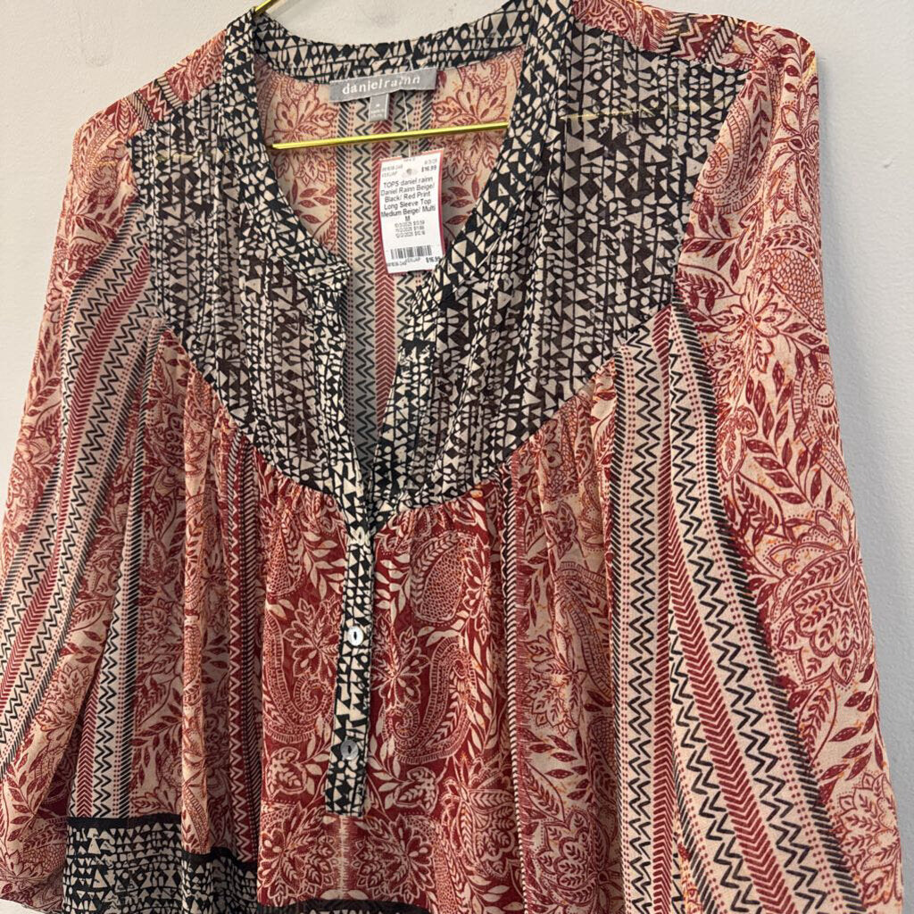 Daniel Rainn Beige/ Black/ Red Print Long Sleeve Top Medium