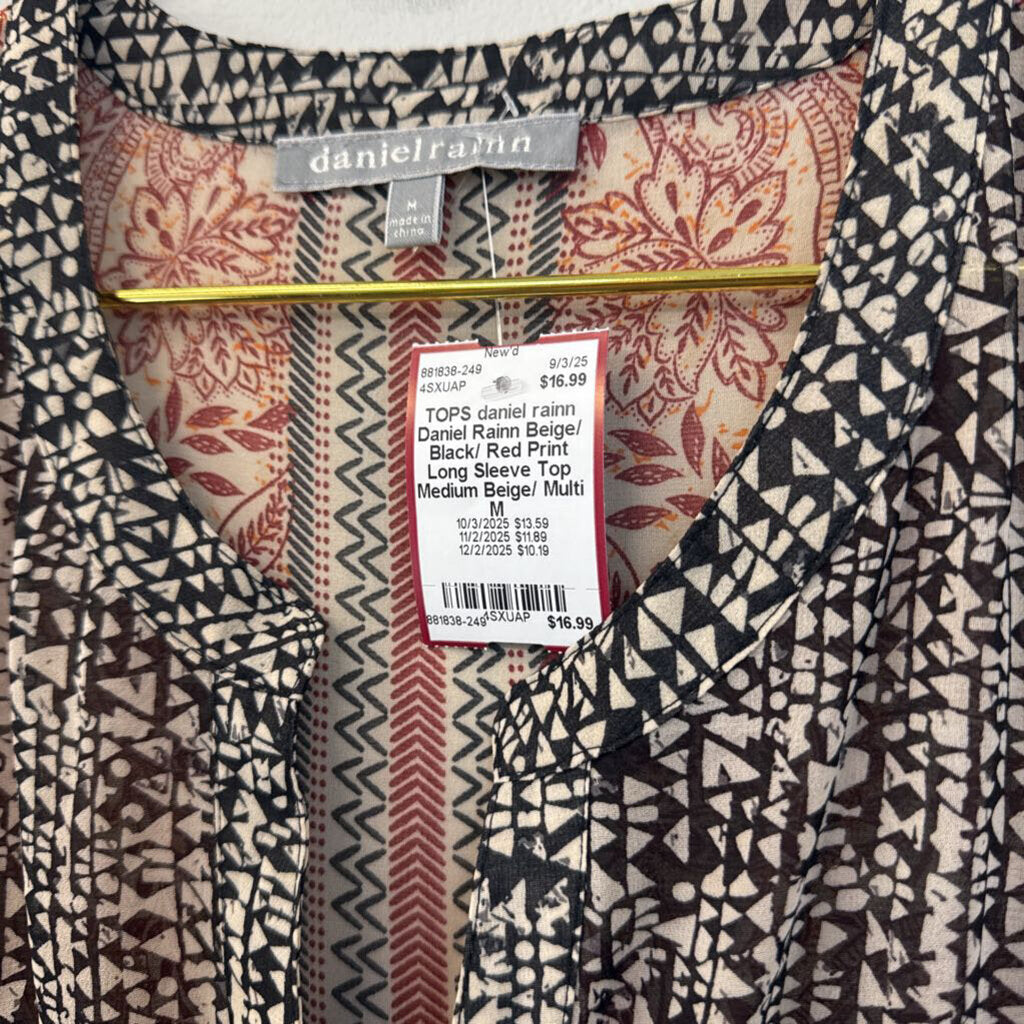 Daniel Rainn Beige/ Black/ Red Print Long Sleeve Top Medium