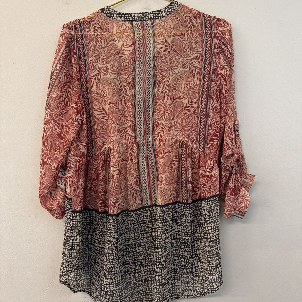 Daniel Rainn Beige/ Black/ Red Print Long Sleeve Top Medium