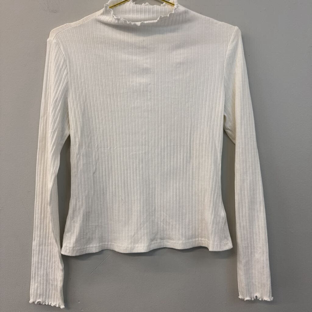 White Ribbed Ruffle Mock Neck Long Sleeve Top Large