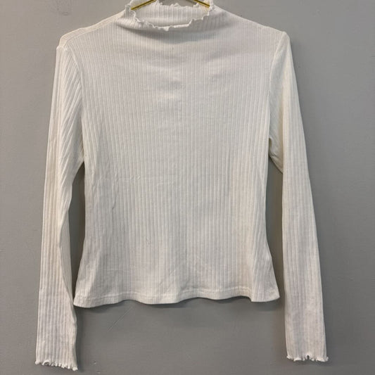 White Ribbed Ruffle Mock Neck Long Sleeve Top Large