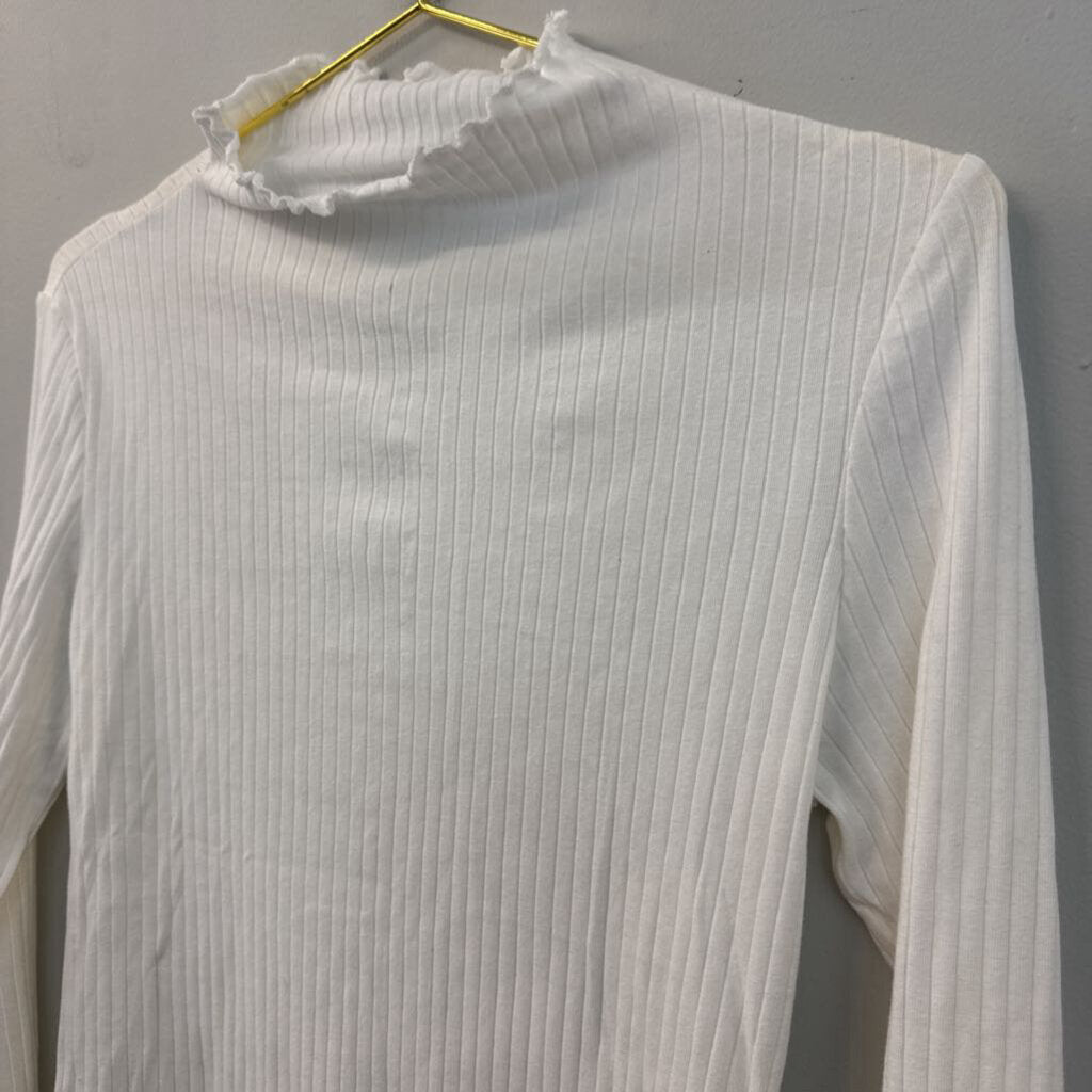White Ribbed Ruffle Mock Neck Long Sleeve Top Large