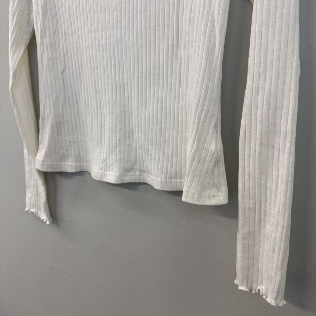White Ribbed Ruffle Mock Neck Long Sleeve Top Large