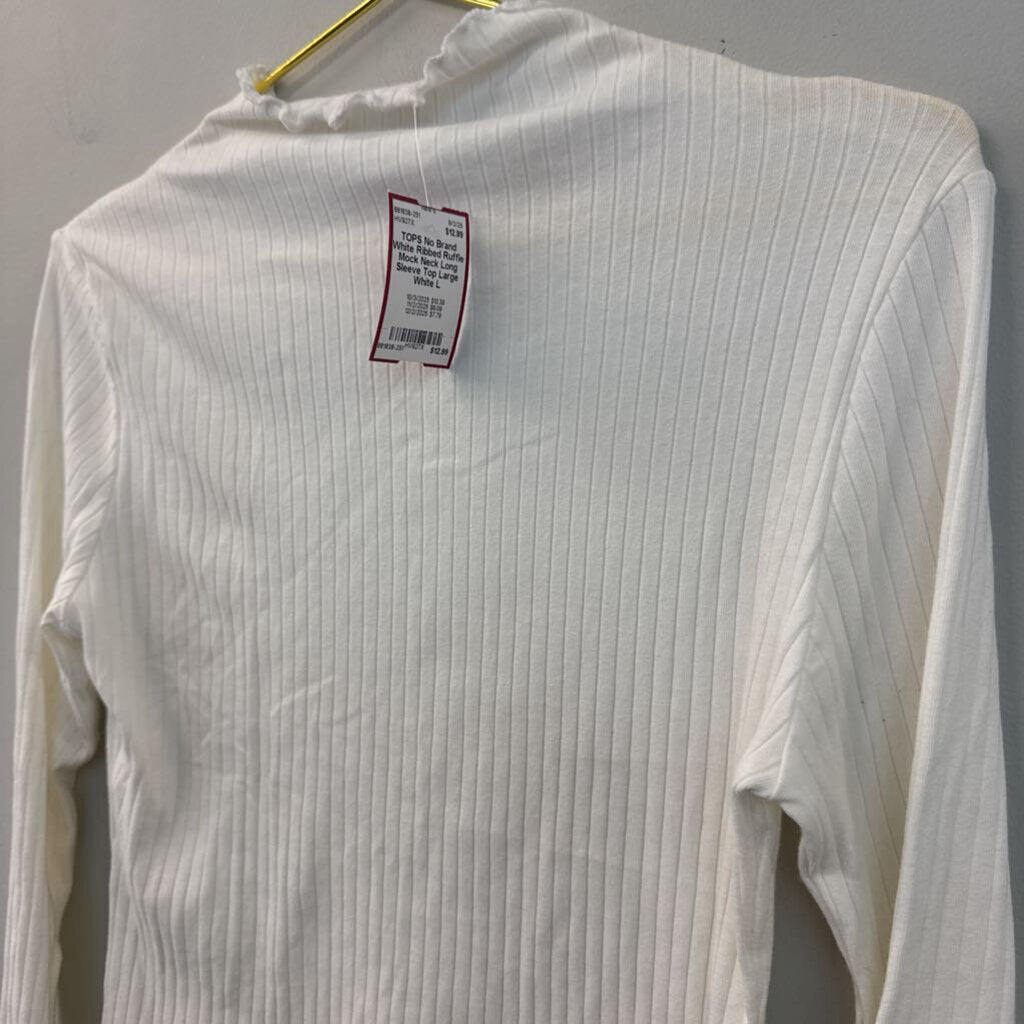White Ribbed Ruffle Mock Neck Long Sleeve Top Large