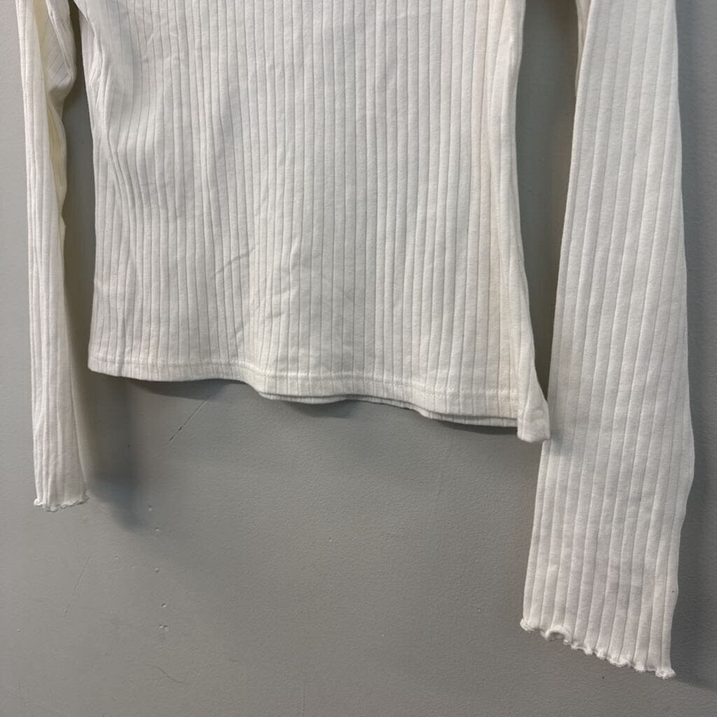 White Ribbed Ruffle Mock Neck Long Sleeve Top Large
