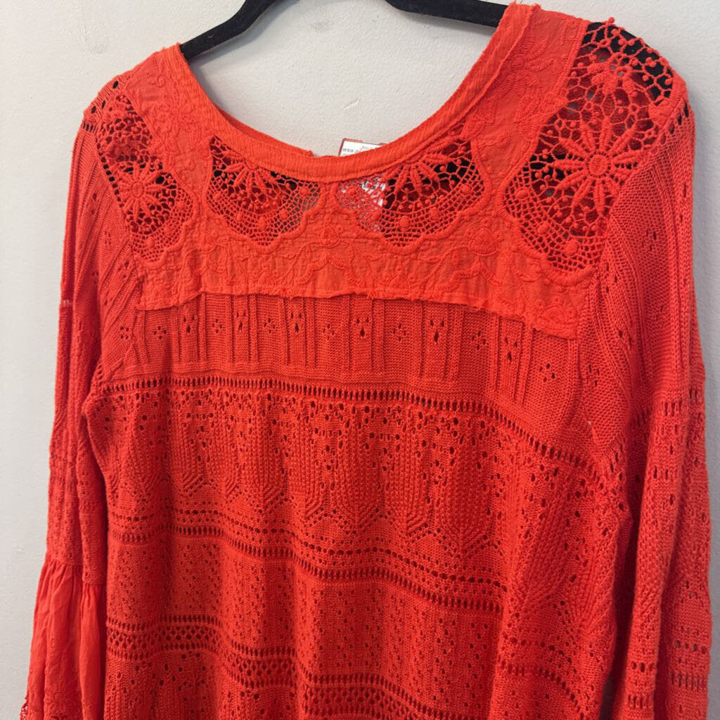 Free People Red Lace Long Bell Sleeve Top Medium