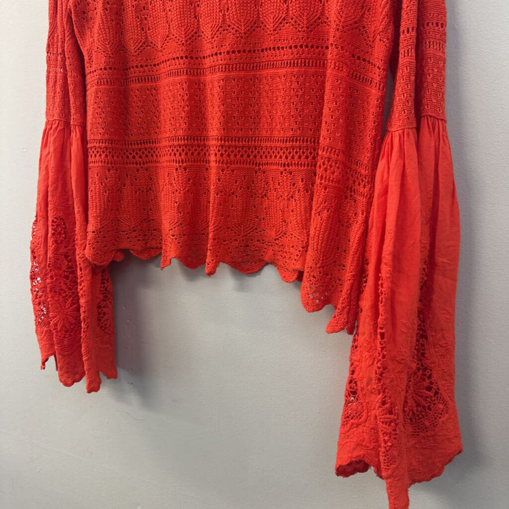 Free People Red Lace Long Bell Sleeve Top Medium