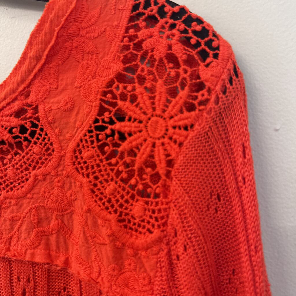 Free People Red Lace Long Bell Sleeve Top Medium