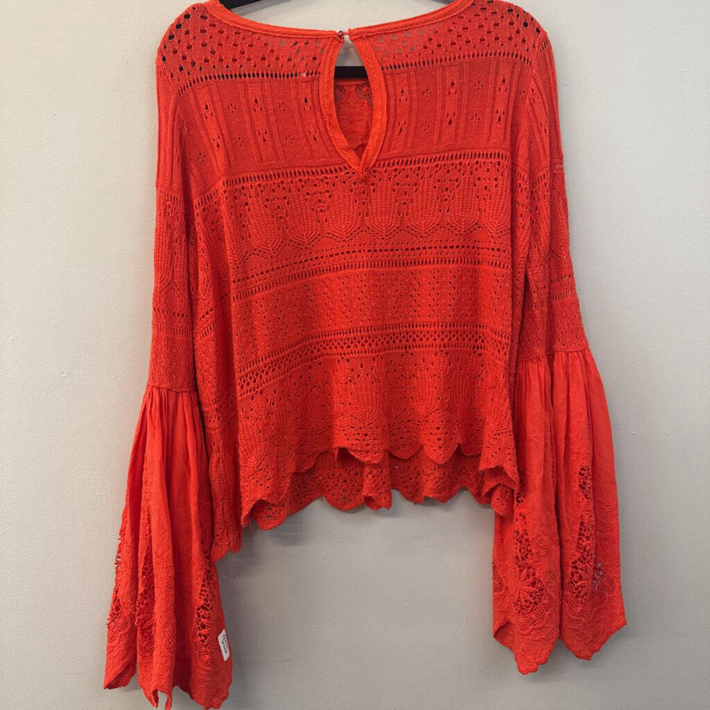 Free People Red Lace Long Bell Sleeve Top Medium
