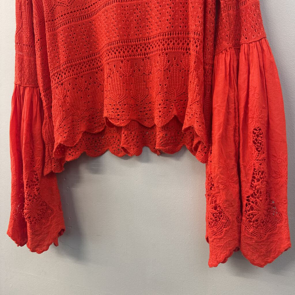 Free People Red Lace Long Bell Sleeve Top Medium