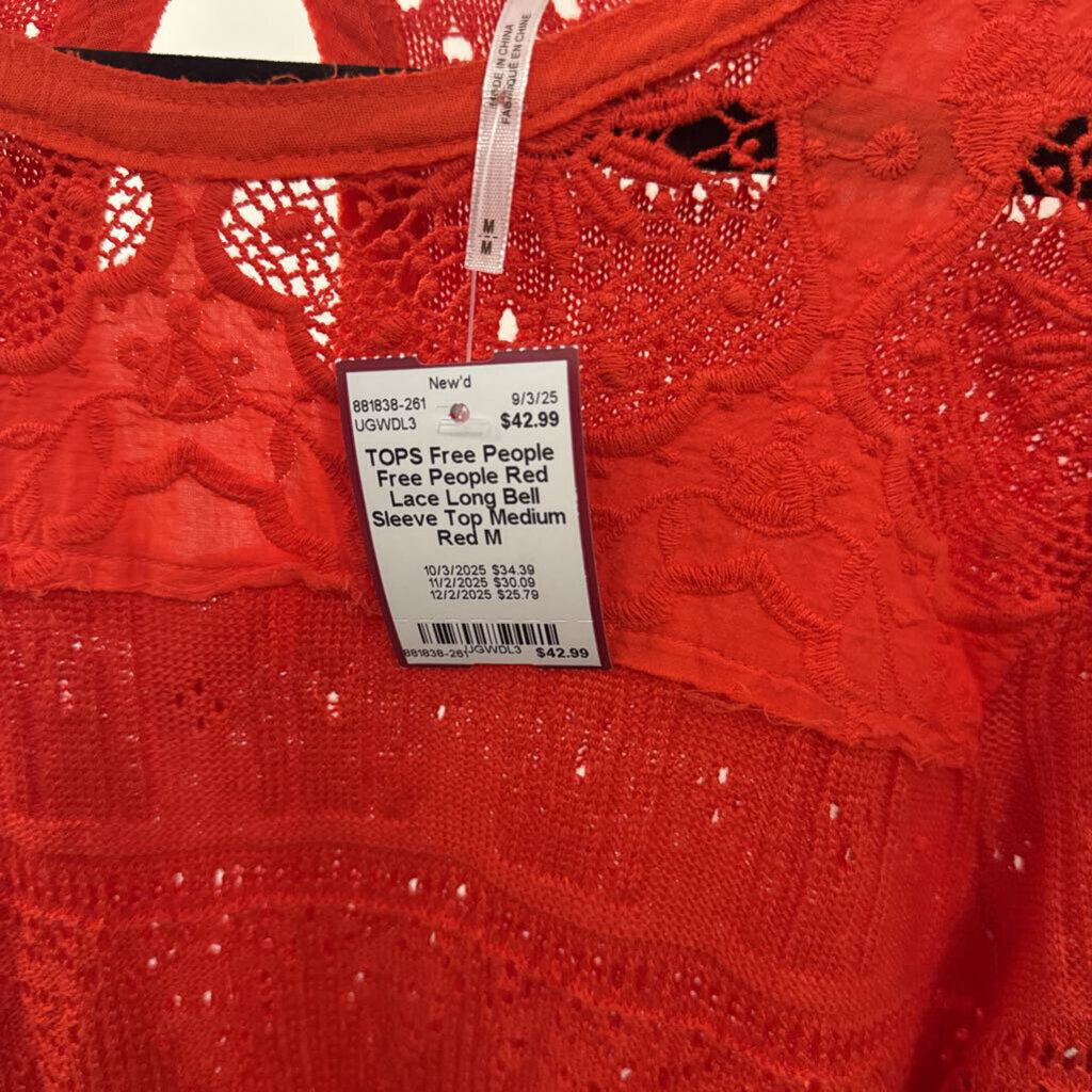 Free People Red Lace Long Bell Sleeve Top Medium